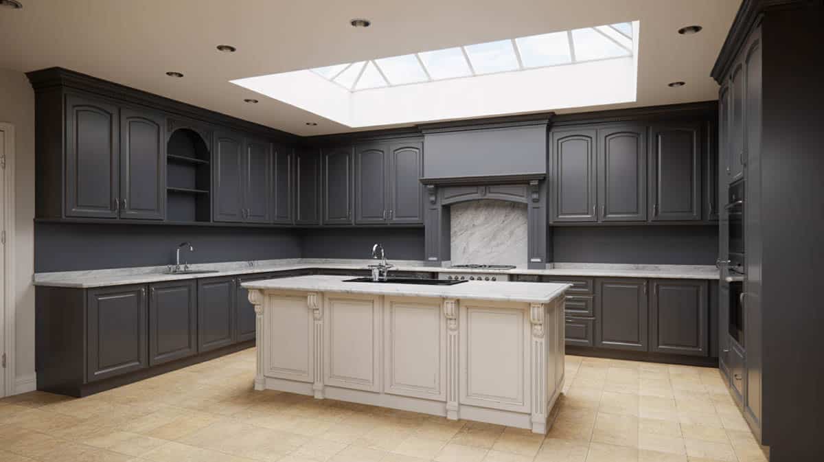 L-shaped black cabinet kitchen with a white island and warm travertine tile flooring