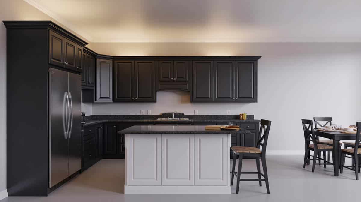 Open-layout kitchen with staggered-height black shaker cabinets and a contrasting white center island