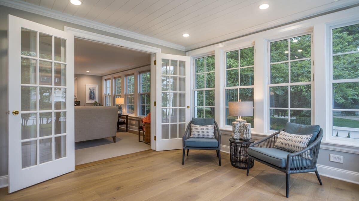 Bright enclosed sunroom with white French doors open to living area surrounded by lush green tree views