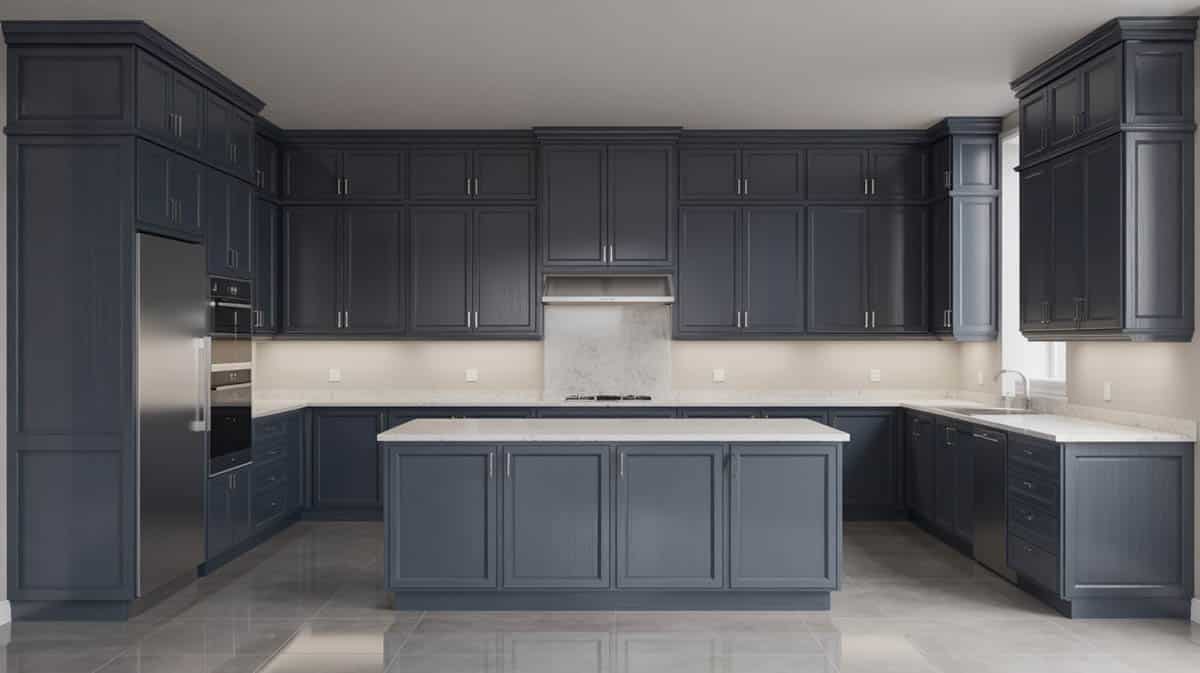 Charcoal black semi-gloss perimeter cabinets surrounding a white quartz-topped center island