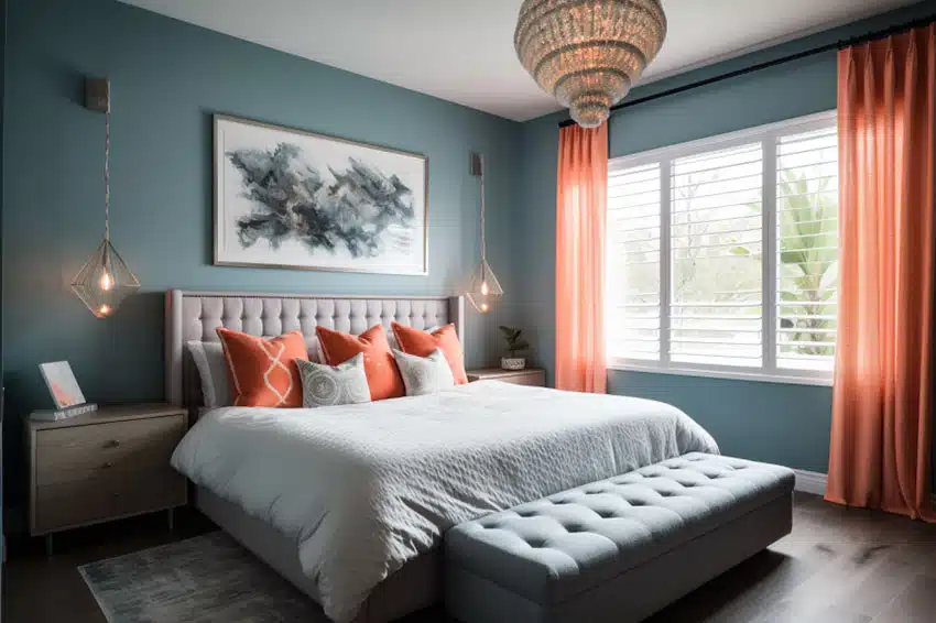 Contemporary bedroom light blue and coral curtains decor