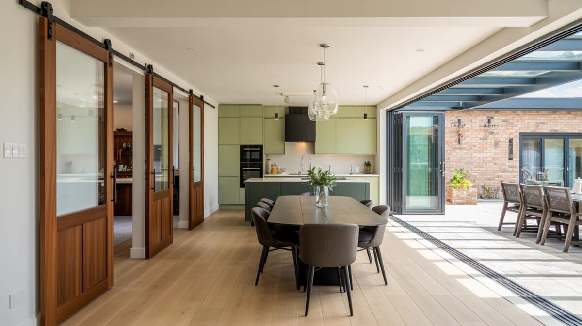 Contemporary dining room with glass and walnut sliding barn doors on exposed track beside sage green kitchen