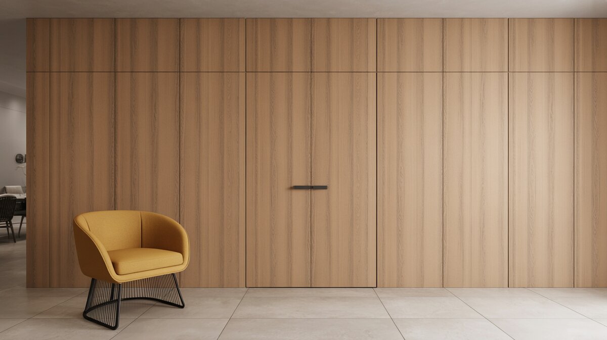 Contemporary space with full-height hidden flush door concealed in natural oak wood wall paneling beside yellow chair