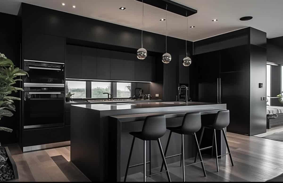 All-black sleek design kitchen with globe pendants