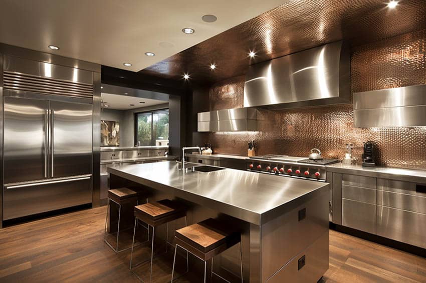 Kitchen with hammered stainless steel backsplash