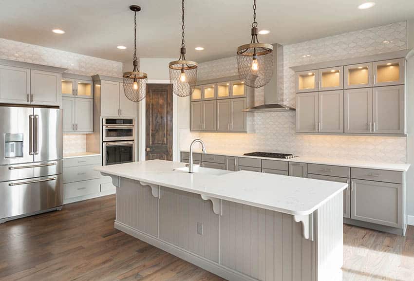 Contemporary kitchen with island corbels gray cabinets