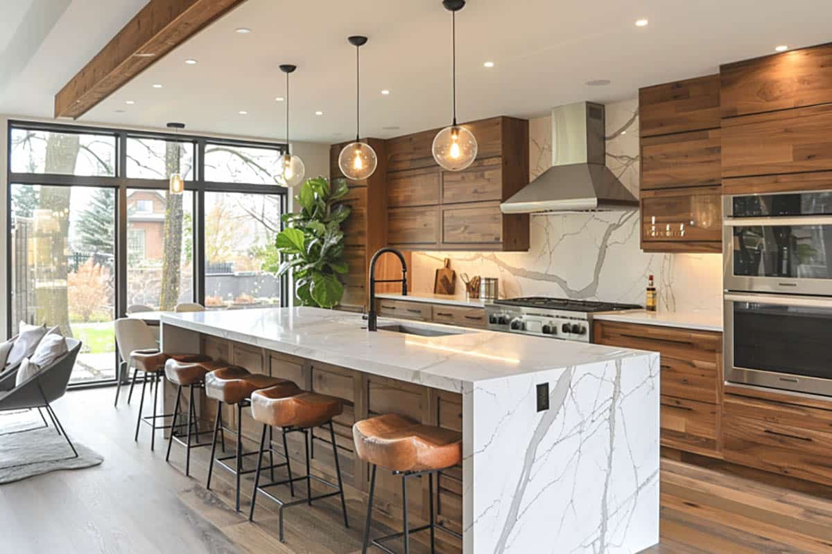 Beautiful kitchen with wood grain cabinetry and full slab quartz wall