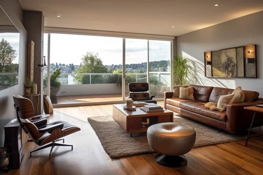 Contemporary living room with cherry wood flooring