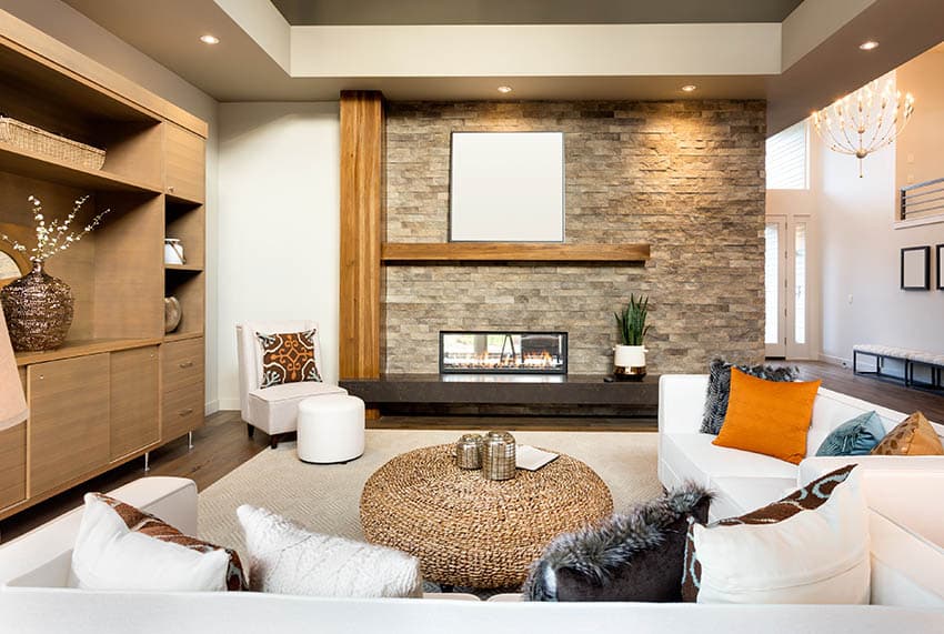 Contemporary living room with oak fireplace mantle