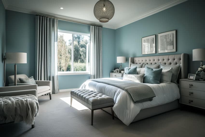 Contemporary master bedroom light blue color and gray bed and furniture