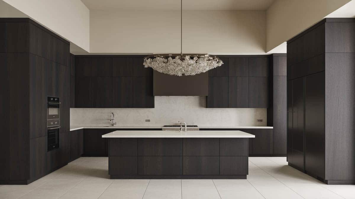 Dark charcoal kitchen with a full-slab white quartz backsplash and a statement sculptural chandelier