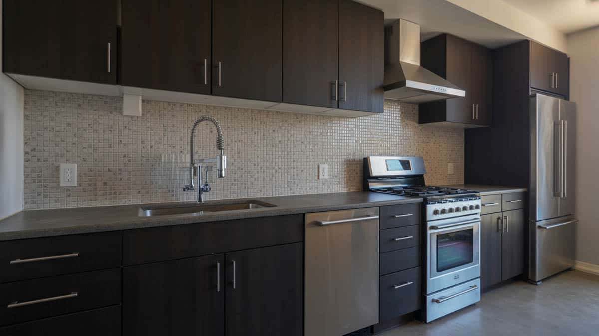 Dark cabinet kitchen with a metallic mosaic tile backsplash and chrome appliances and fixtures
