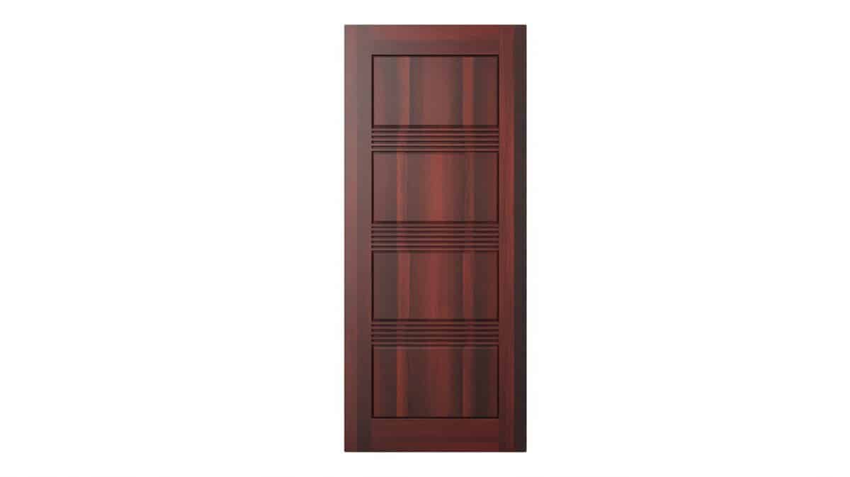 Dark cherry-stained flush interior door with five horizontal routed grooves in contemporary style