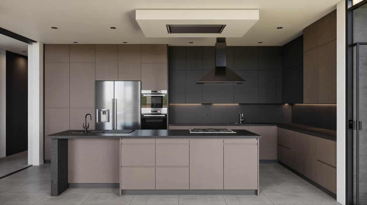Modern minimalist kitchen with dark grey flat-panel cabinets and a raised breakfast bar island