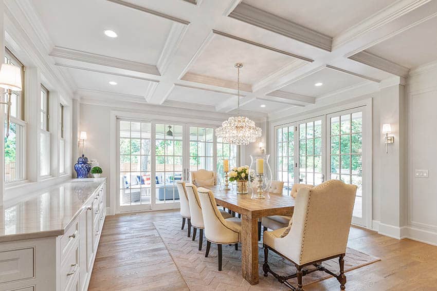 Dining room with light wood flooring and white painted walls coffered ceiling
