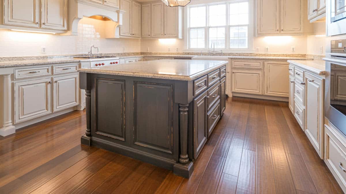 Transitional kitchen with a distressed black island against crisp white perimeter cabinets and white granite countertops