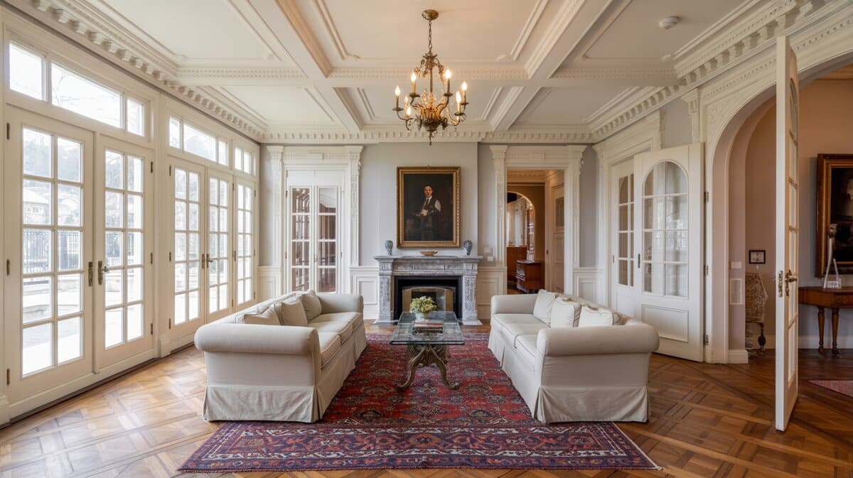 Elegant formal living room with white multi-lite French doors neutral sofas Persian rug and brass chandelier