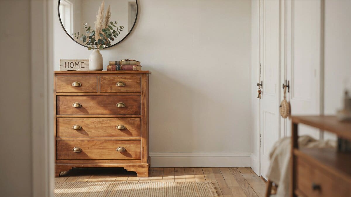 Refinished walnut antique dresser under a round mirror in a sunlit entryway