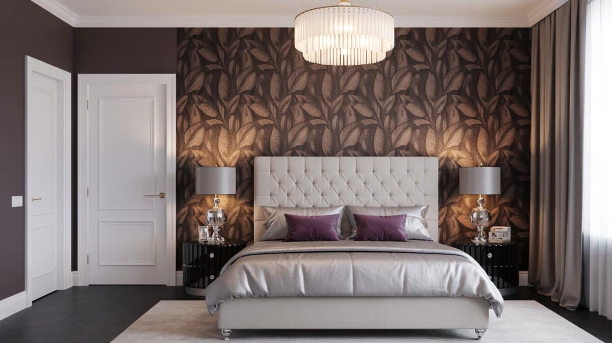 Glamorous dark bedroom with white flush door brown leaf-pattern wallpaper accent wall and crystal chandelier