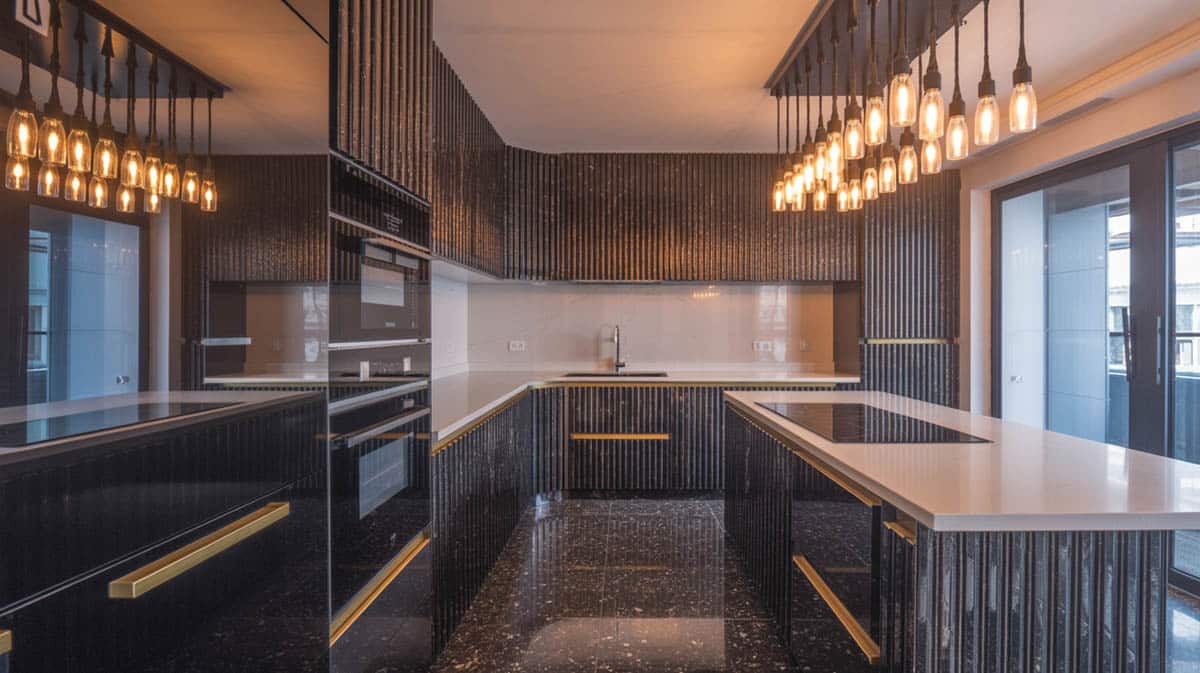 Eclectic kitchen with vertically grooved black high-gloss cabinets and a dramatic multi-filament pendant light fixture