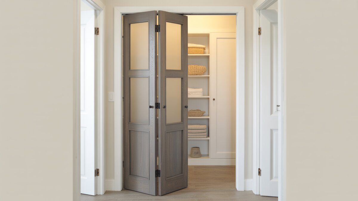 Grey stained wood bifold door with frosted glass panels half open to reveal white linen closet shelving