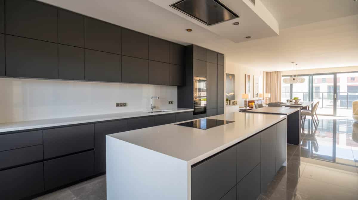 Open-plan kitchen with jet-black flat cabinets, white countertops, and an extended island doubling as a breakfast bar