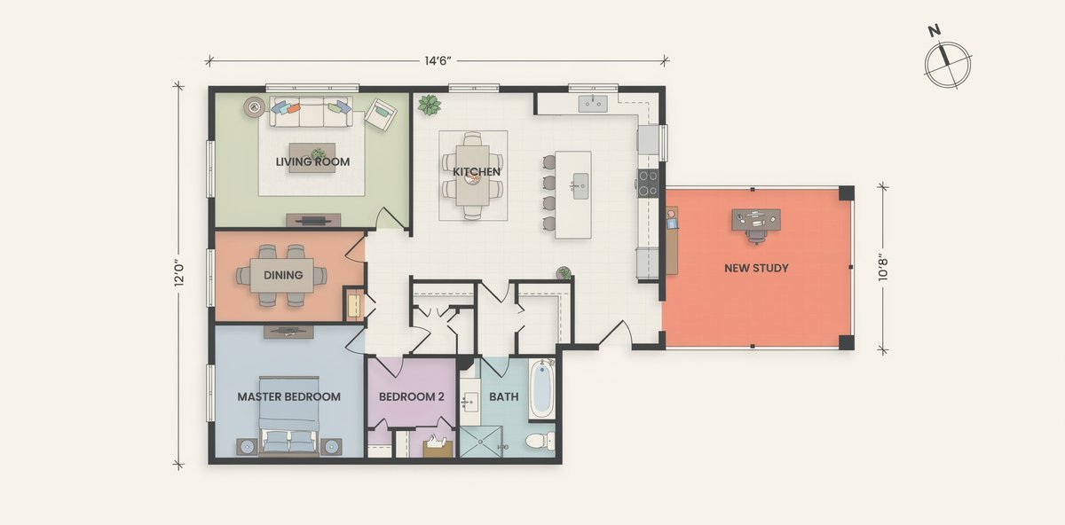 Top down 3D floor plan of a home addition in design software