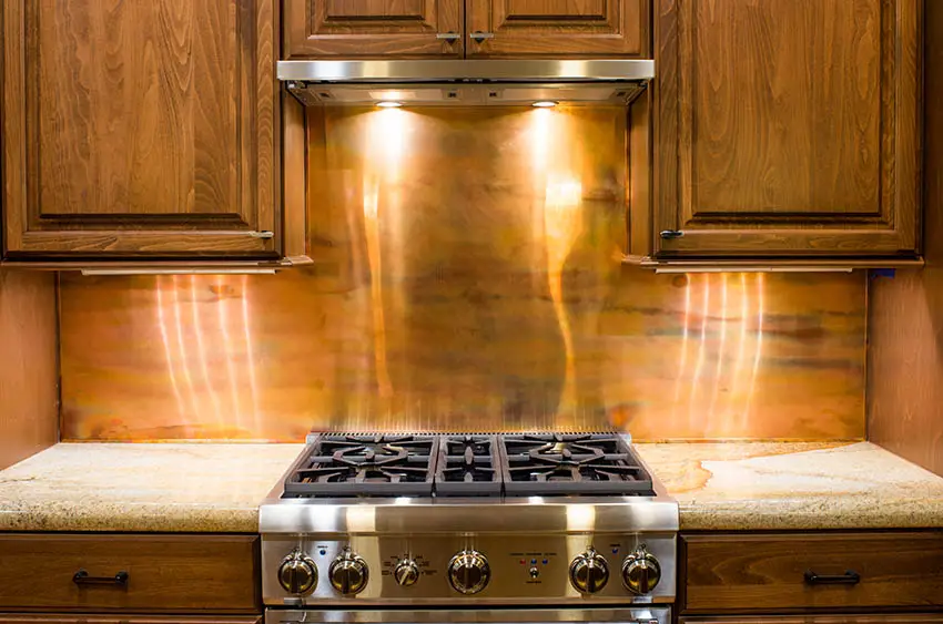 Kitchen with copper backsplash solid wood cabinets