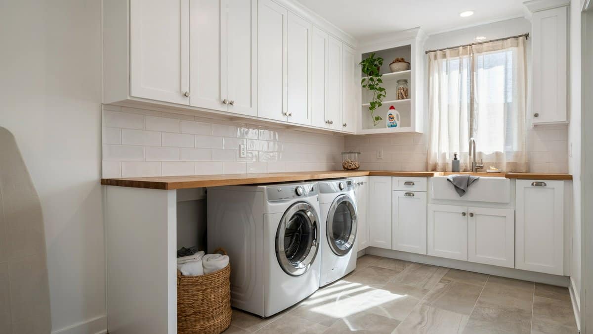 Laundry room addition with white cabinets stacked washer dryer and farmhouse sink