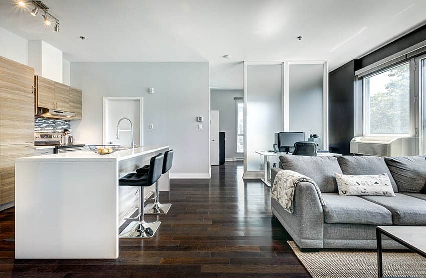 Dark wood flooring, cool grey paint with light colored cabinets