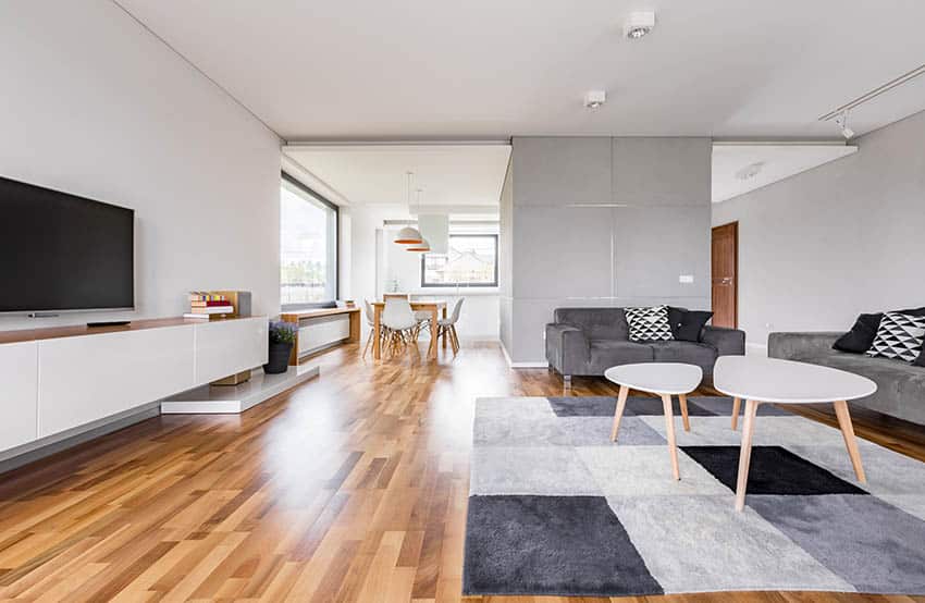 Room with engineered hardwood, white walls, television and flush lighting