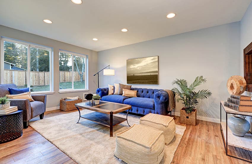 Spacious room with cool tone blue color palette, and beige accent window wall with wood plank floors