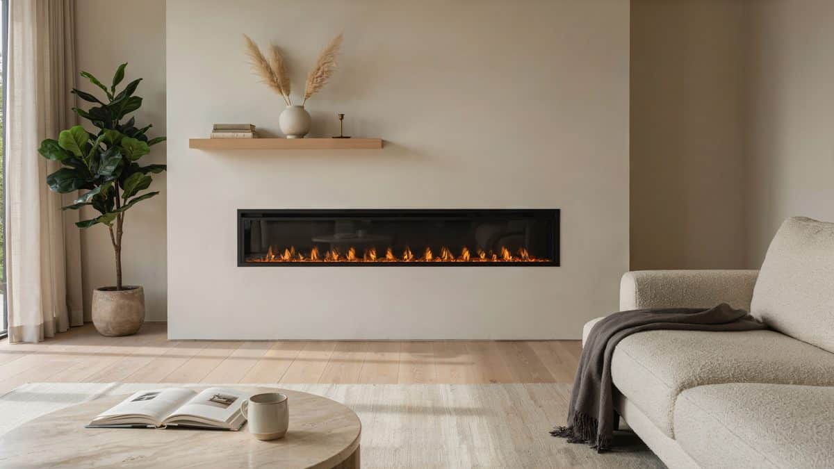 Narrow light oak shelf hovering over a long linear electric fireplace