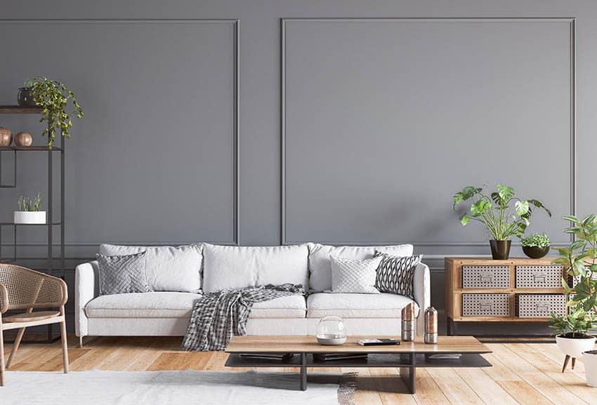 Living room with wood floors neutral gray paint