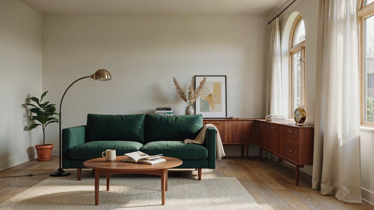 Emerald green velvet sofa beside a walnut credenza and brass arc floor lamp