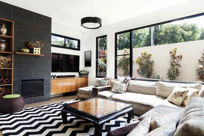 Modern black and white living room with composite windows