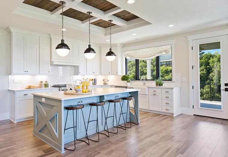    Modern Farmhouse Kitchen With White Cabinets Blue Island White Quartz Counter Neutral Beige Wall Paint Is 758x524 