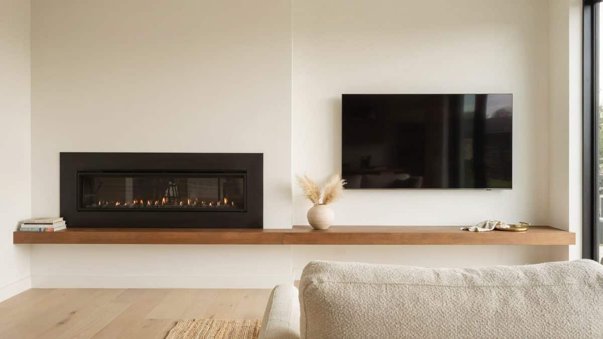 Continuous low wood mantel running under a fireplace and a wall mounted television