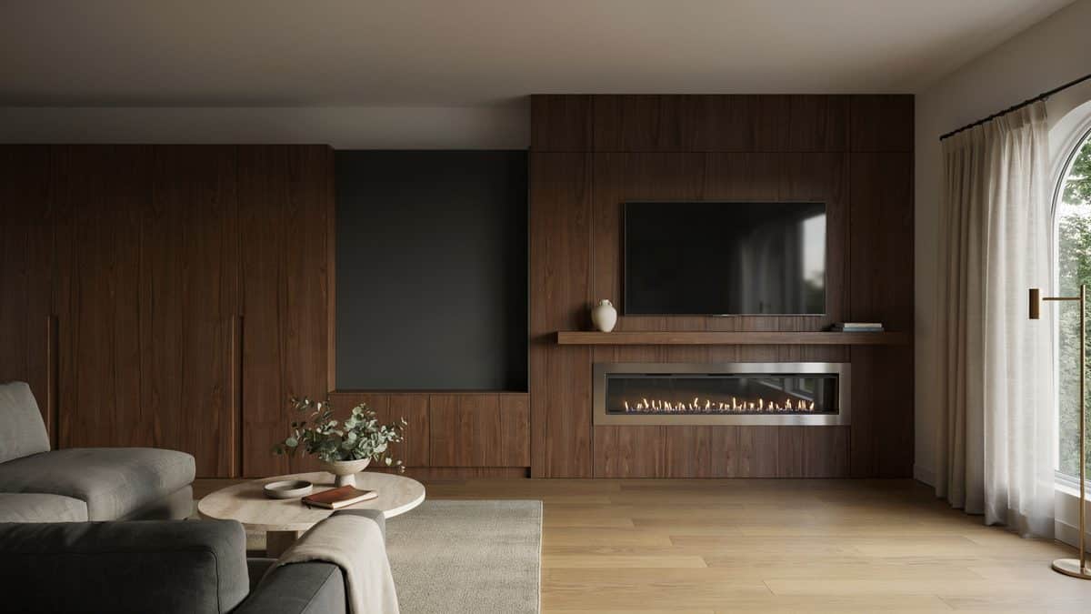 Walnut clad wall stacking a linear fireplace, floating mantel and mounted television