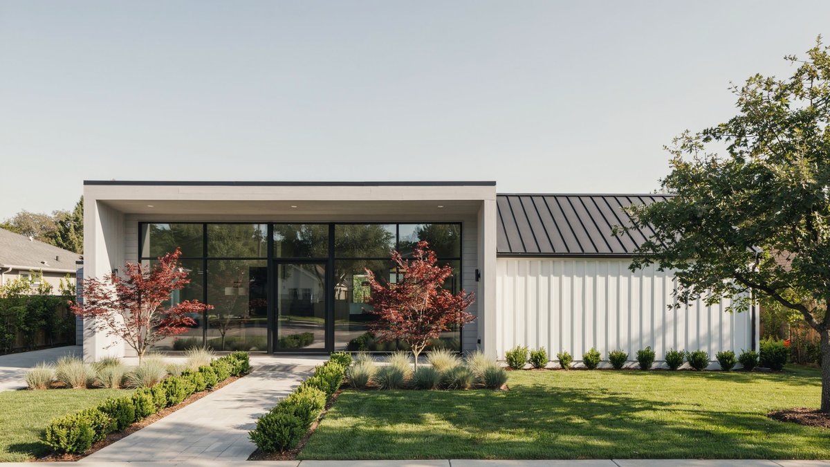 Modern glass walled home addition with flat roof and landscaped front yard