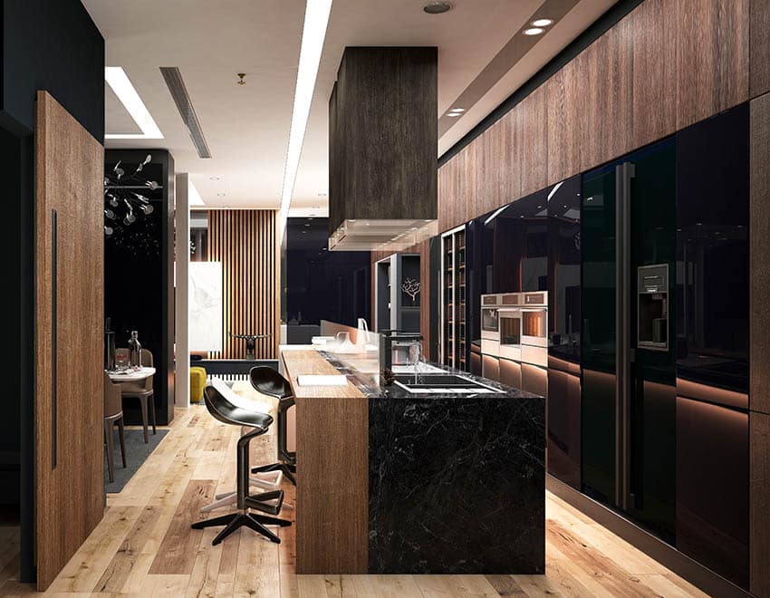 Modern kitchen with black cabinets wood veneer walls and black quartz island