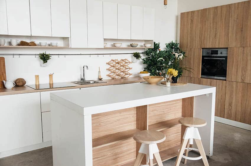 Modern kitchen with quartz backsplash that matches island