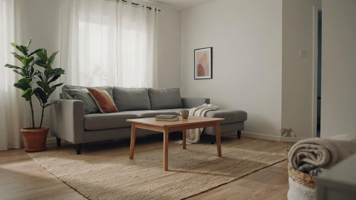 Gray sectional sofa, light oak coffee table and jute rug in a bright living room