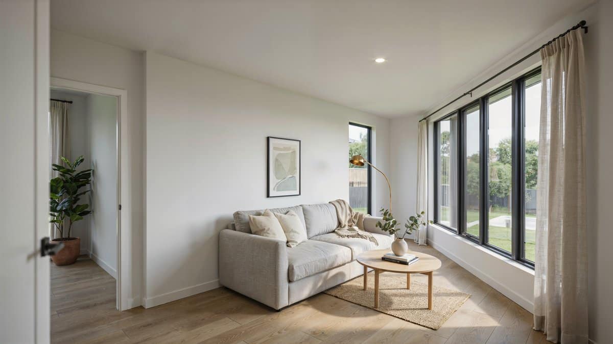 Bright new room addition with white walls large windows and light oak flooring