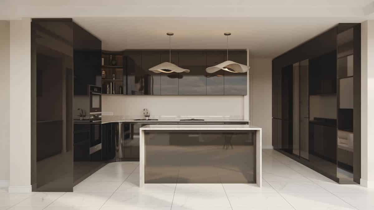 One-wall black high-gloss kitchen with a peninsula room divider and sculptural pendant lights