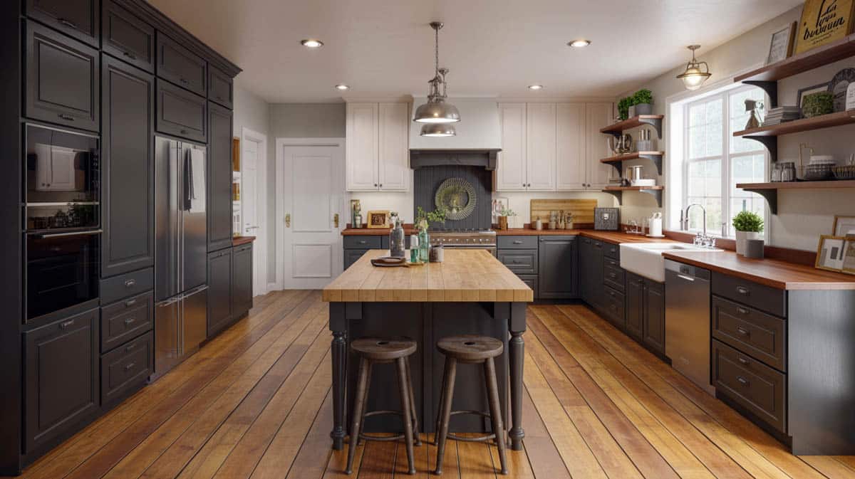 Kitchen with painted matte black cupboards, a wood countertop island, and wide-plank hardwood flooring