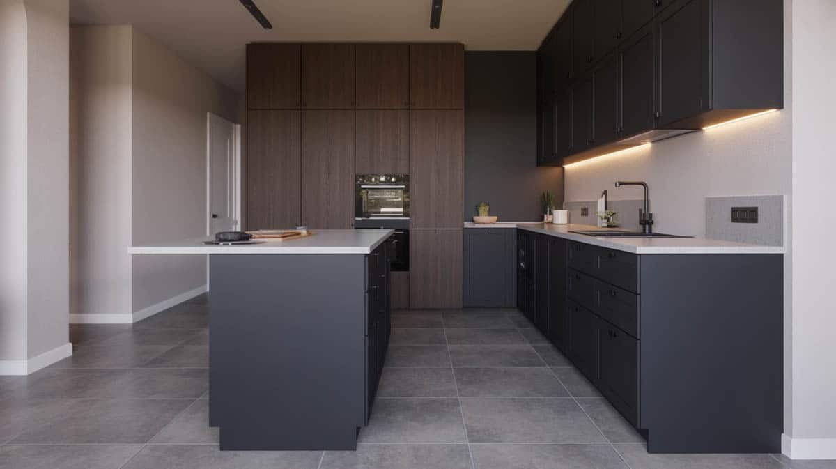 Compact kitchen with raven black peninsula cabinetry over large-format gray porcelain tile flooring