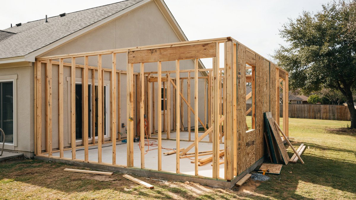 Wood framed room addition under construction on the back of a suburban house