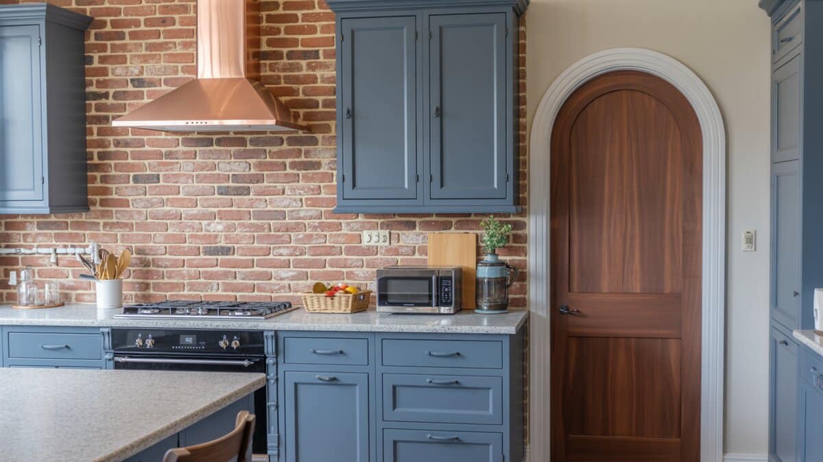 Rustic farmhouse kitchen with exposed red brick wall copper range hood blue shaker cabinets and dark arched wood door