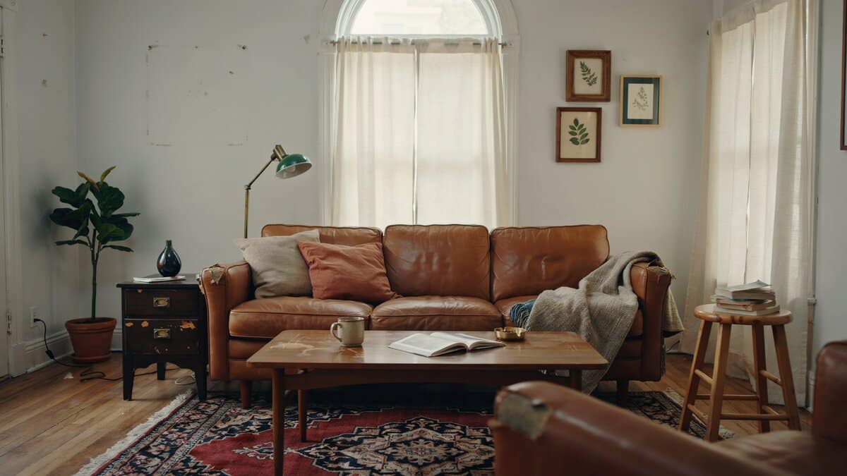 Cognac leather sofa with mismatched wood side tables in a secondhand living room